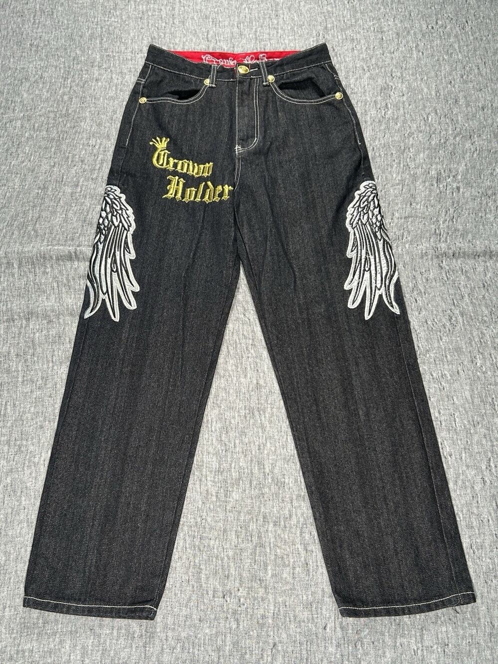 Vintage Y2K Crown Holder Jeans Mens 30x29 Black Denim Embroidered Wings Hip-Hop